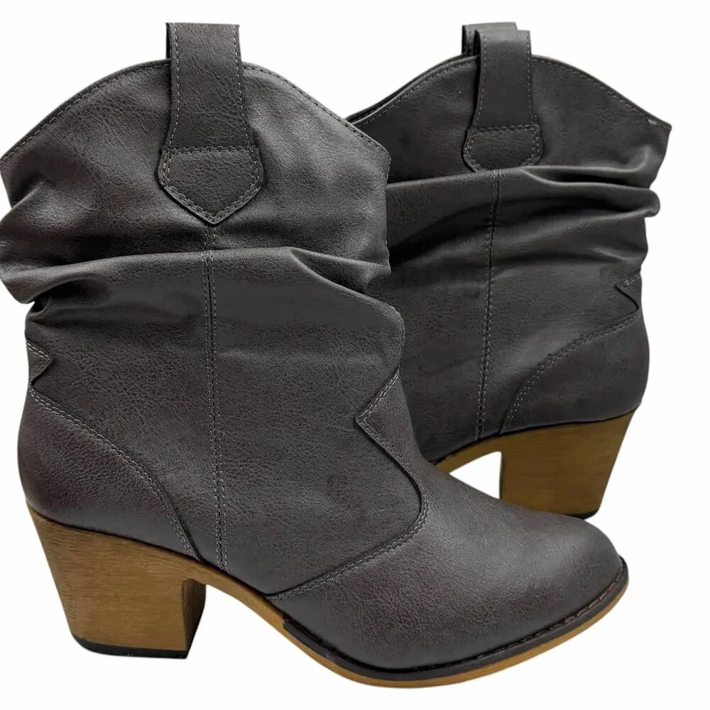Charles Albert Grey Slouchy Western Ankle Boots Chunky Heel Booties Sz 8M Boho